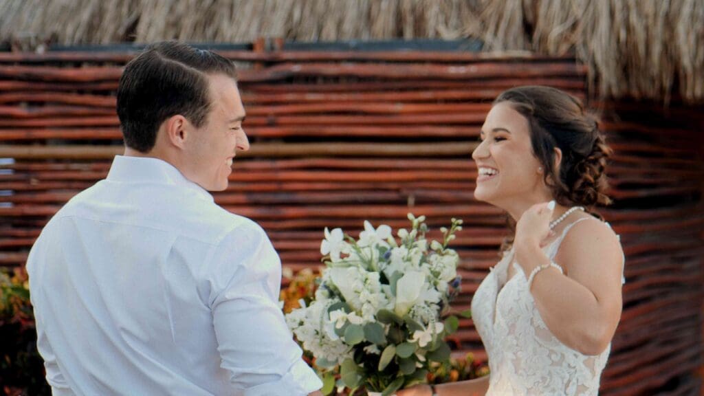 First look moment in Zoey & Logan’s Isla mujeres destination wedding film